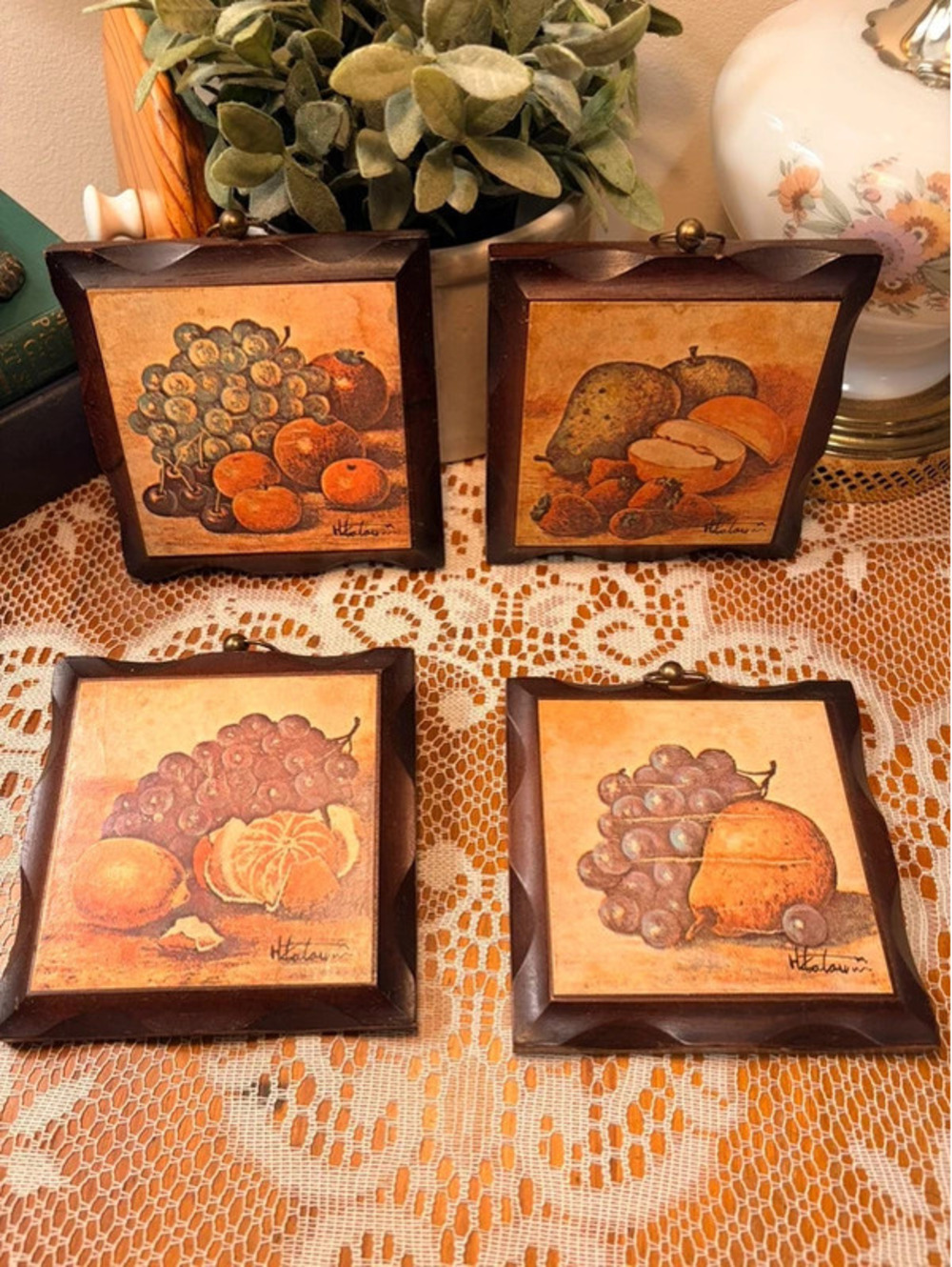 Vintage Homco Fruit Still Life Wall Plaques Set of 4 Wood Kitchen Decor